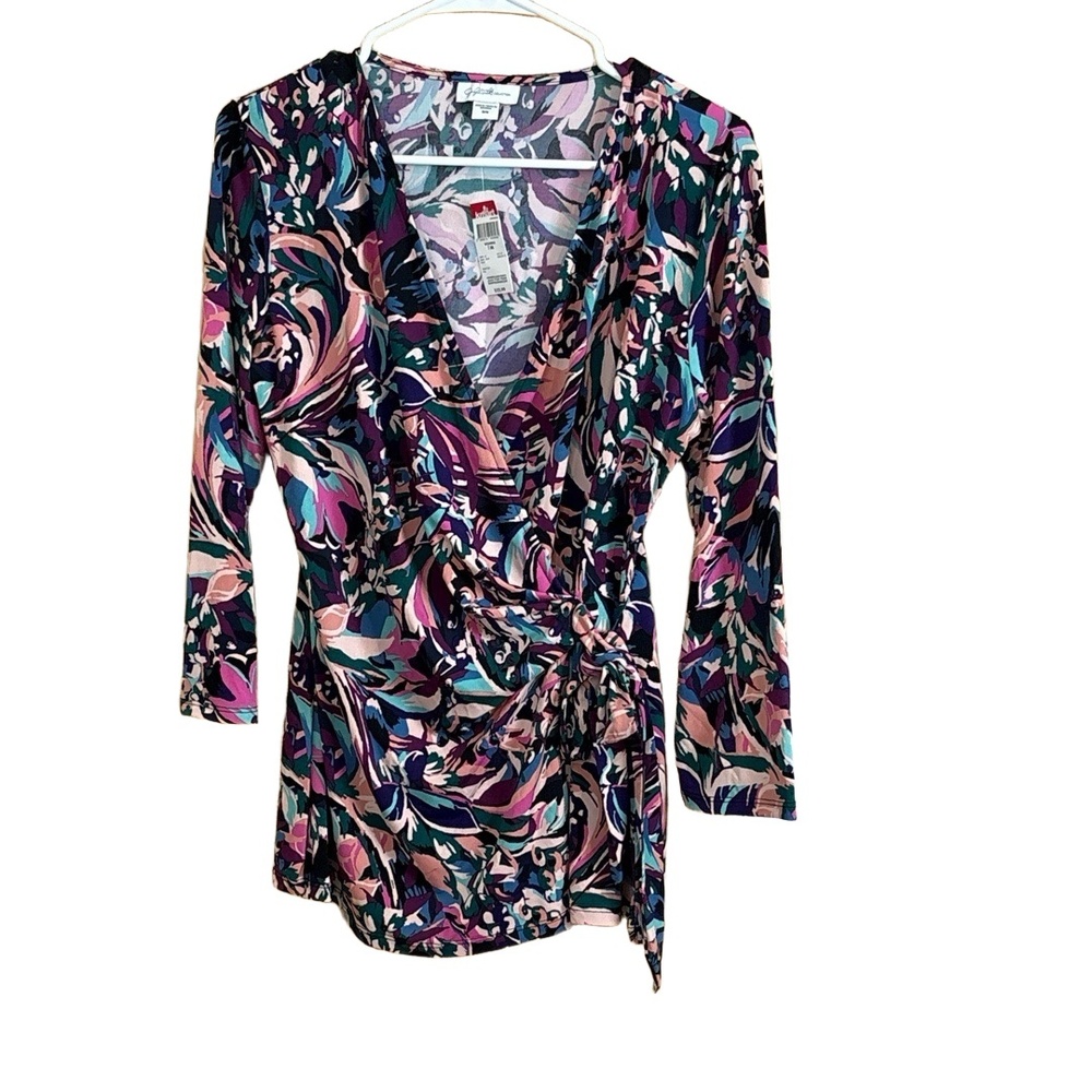 NWT Joclyn Smith M Multi-Color Floral Faux Wrap Top V-Neck Long Sleeve Tie-Side - Picture 2 of 6